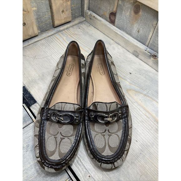 COACH Fortunata Loafer US9 Tan/Brown Slip-on Leather Canvas Driving Shoes - Picture 4 of 10